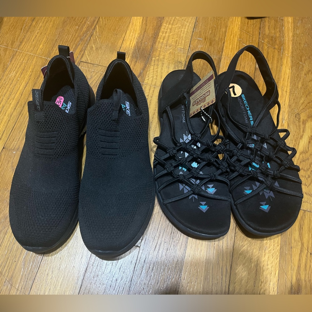 NWOB 2pairs! Size 7 Skechers. Black slip ins & black reggae sandals.